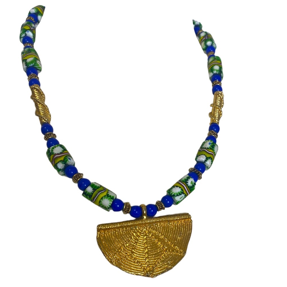 Beautiful Vintage West African Mali Ivory Coast Blue Bead Stone Gold Necklace